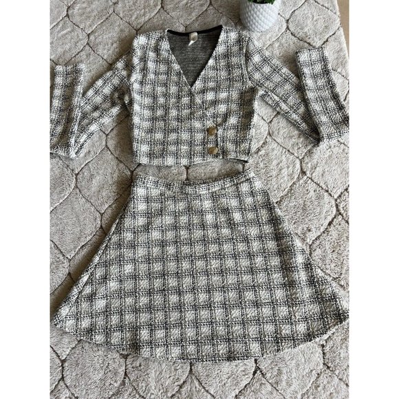 DAIMARAN Jordania Suit Matching Set 2 Pieces Plaid Gray Jacket + Mini Skirt M - Picture 2 of 4